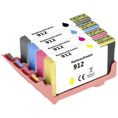 Fyra bläckpatroner i svart, cyan, magenta och gul, som är avsedda som ersättning för typ 912, i ett rosa hållare.