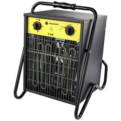 Elektrisk värmefläkt med svart hölje och gult manöverpanel, två vridreglage för temperatur och fläkthastighet, effekt: 9 kW.