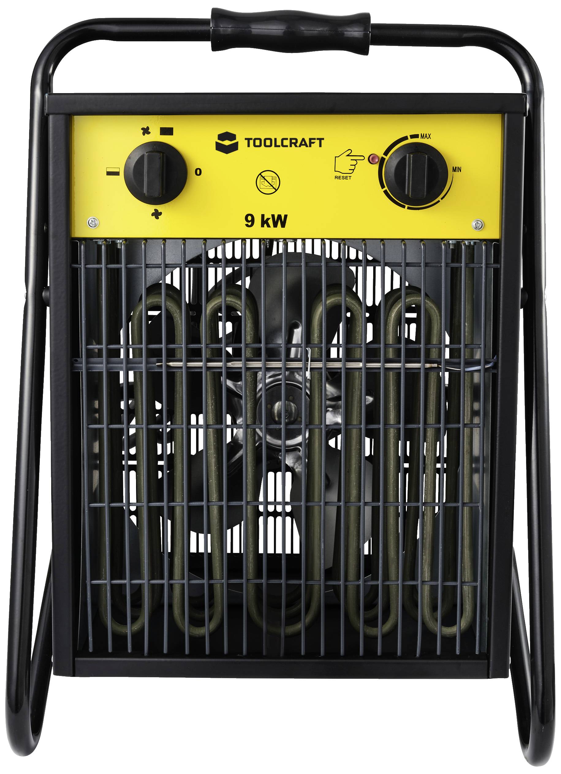 En svart och gul värmefläkt med ett galler framtill. Ovanpå finns vred för temperaturinställning och effektindikator '9 kW'.