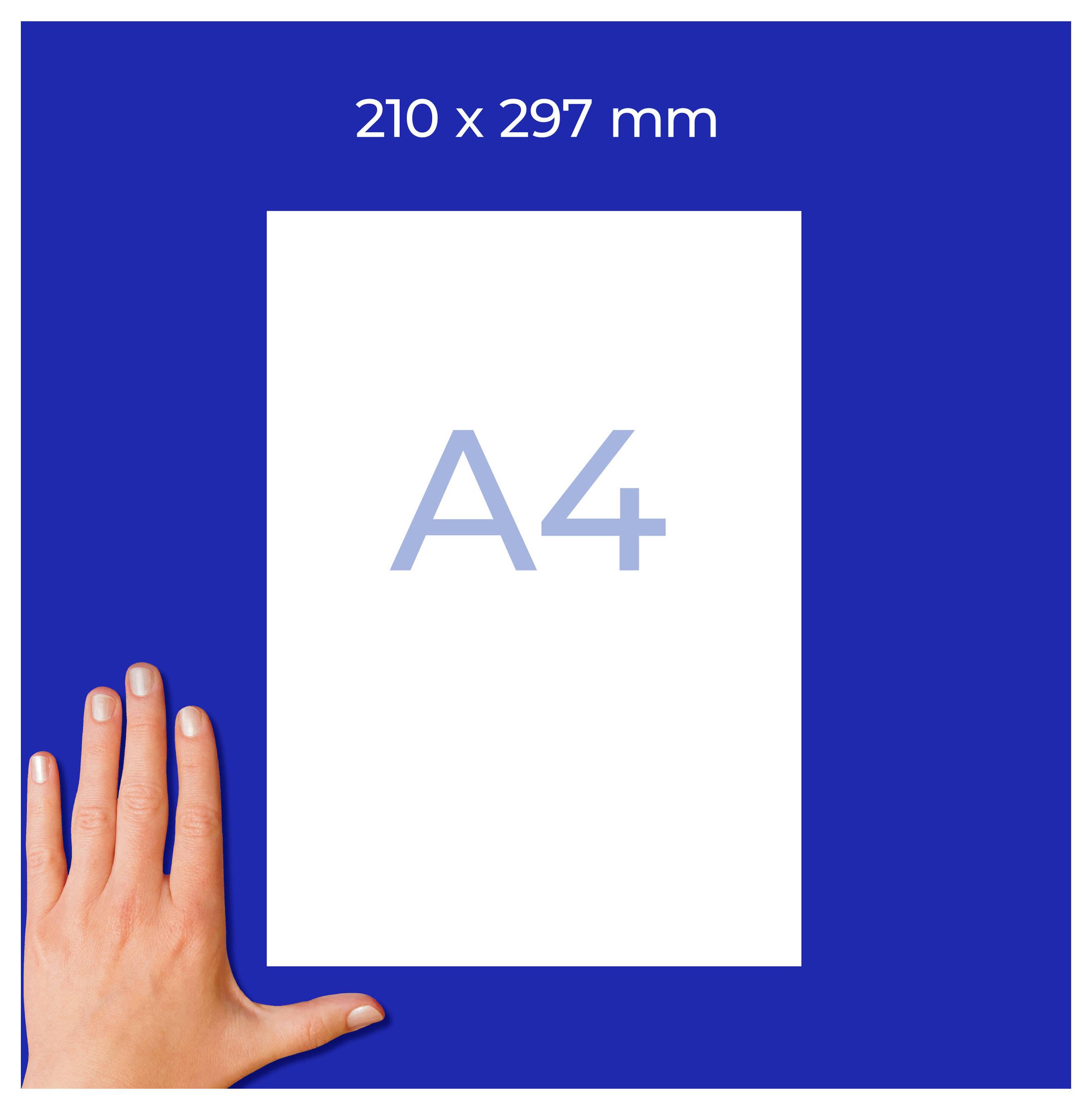 Grafik av ett A4-blad med måtten 210 x 297 mm; en hand visar pappersstorleken i jämförelse.