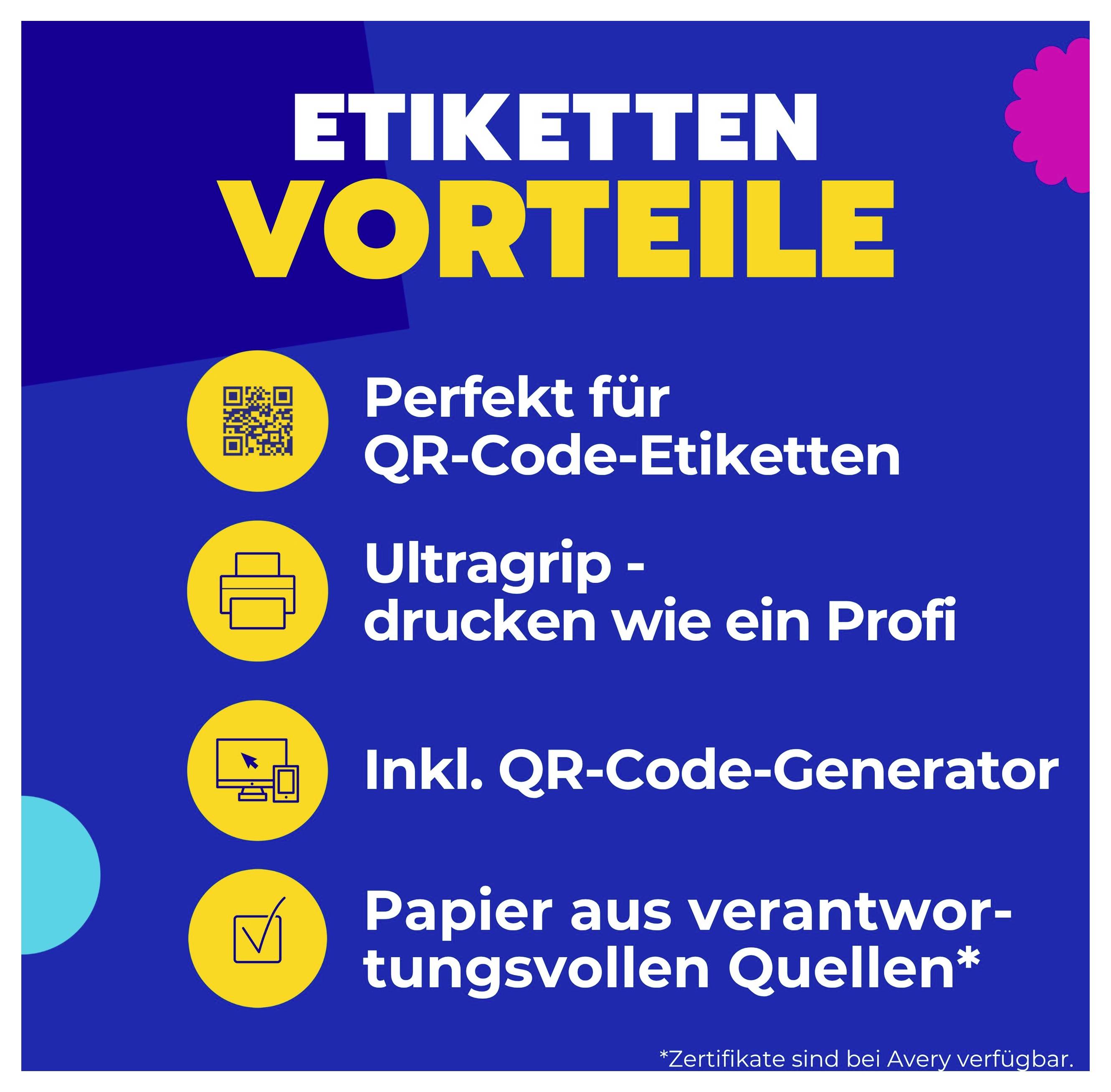 Reklamgrafik om etikett-fördelar: 'Perfekt för QR-kod-etiketter', 'Ultragrepp - tryck som ett proffs', 'Inkl. QR-kod-generator', 'Papper från ansvarsfullt hållbara källor*'