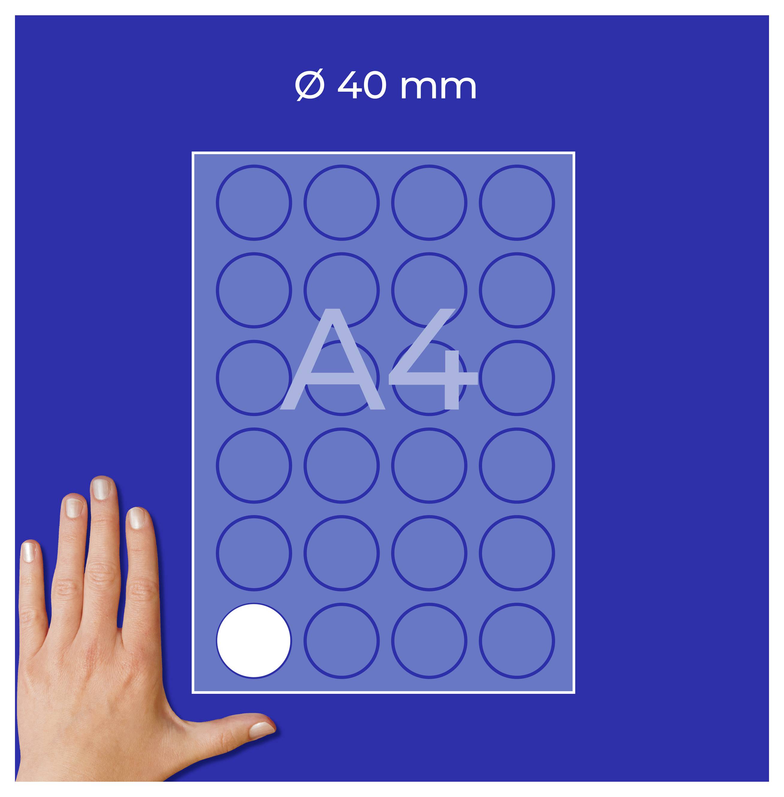 Grafiken visar ett A4-blad med 40 mm stora cirklar i ett rutnätsmönster; nere till vänster illustrerar en hand storleken.
