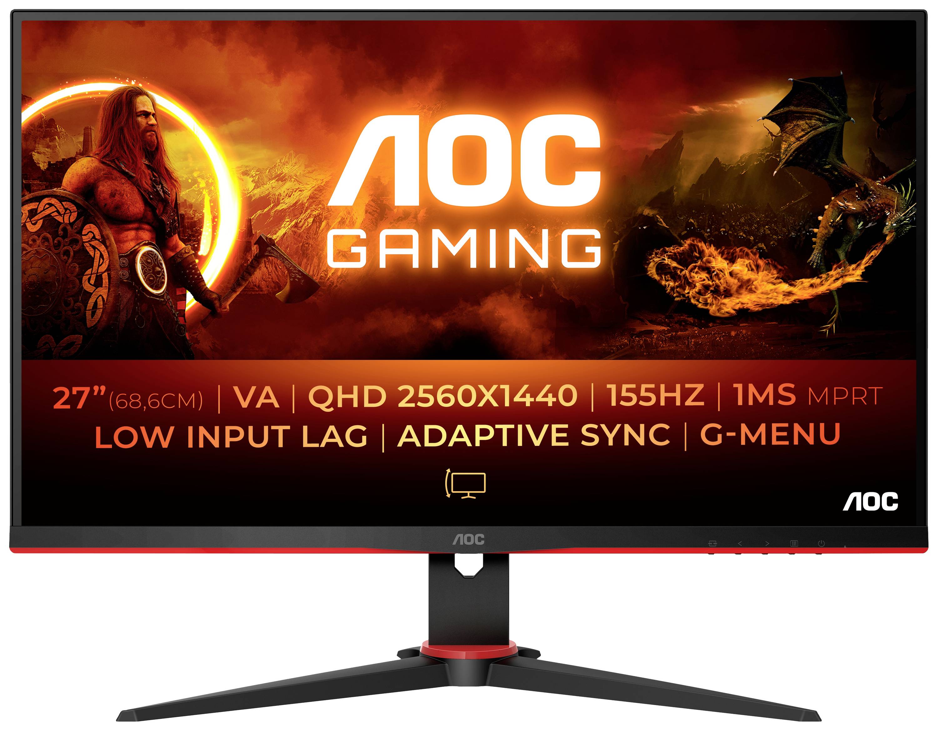 En AOC Gaming-skärm med 27 tum, VA-panel, QHD 2560x1440 upplösning, 155 Hz uppdateringsfrekvens, 1 ms reaktionstid, Adaptive Sync och G-Menu.
