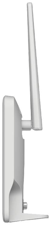 En silver WiFi-router med en lång, vertikal antenn, sedd från sidan.