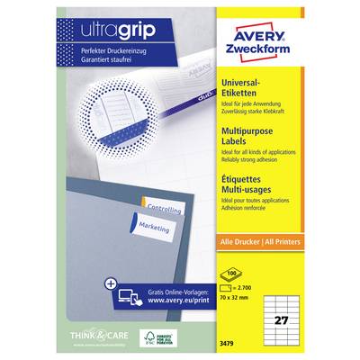 Avery Zweckform Universal-etiketter förpackning med "ultragrip" för alla skrivare, med 70 x 32 mm etiketter och 2 700 etiketter totalt.