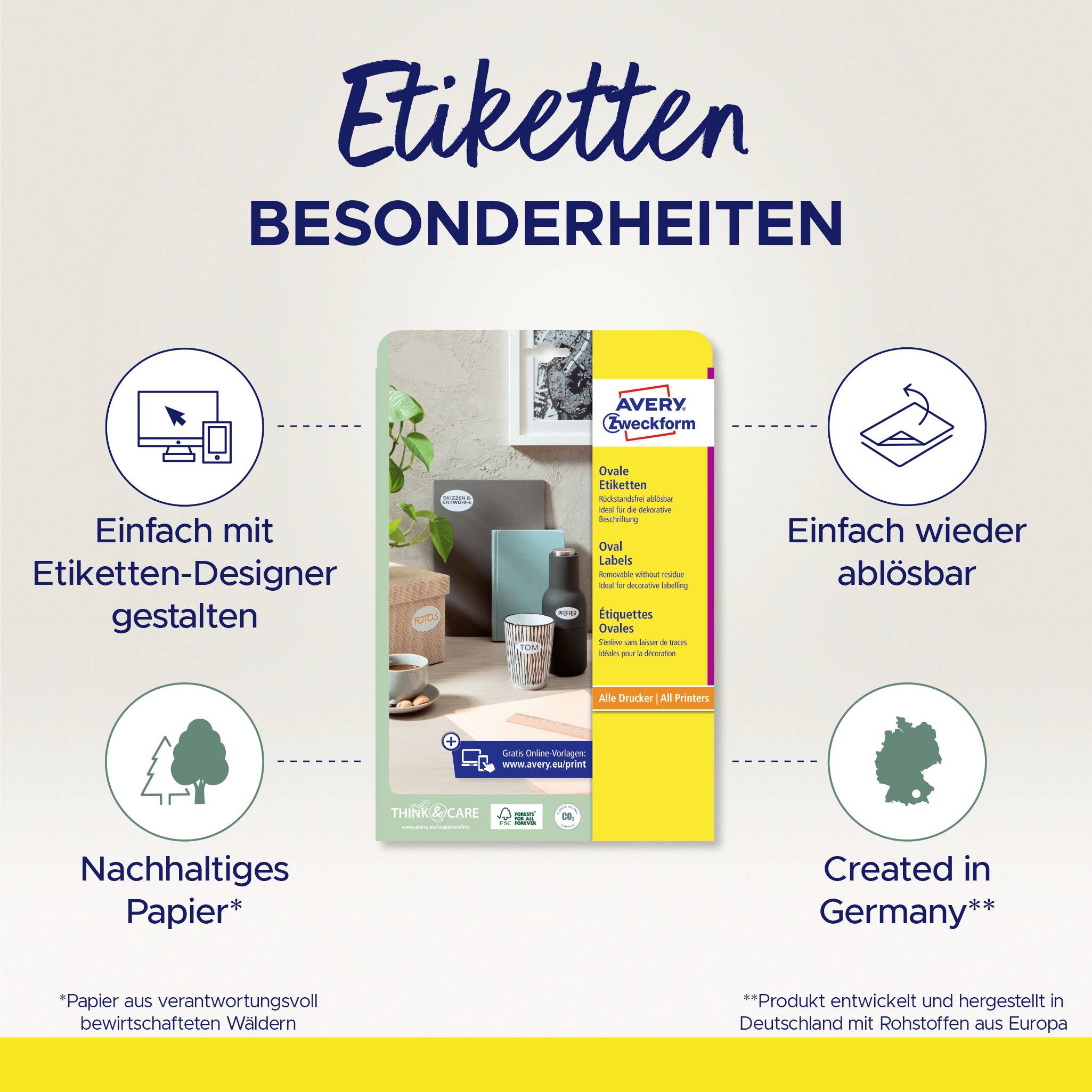 Egenskaper hos etiketterna: Enkelt design, lätt att ta bort, hållbart papper, tillverkade i Tyskland.