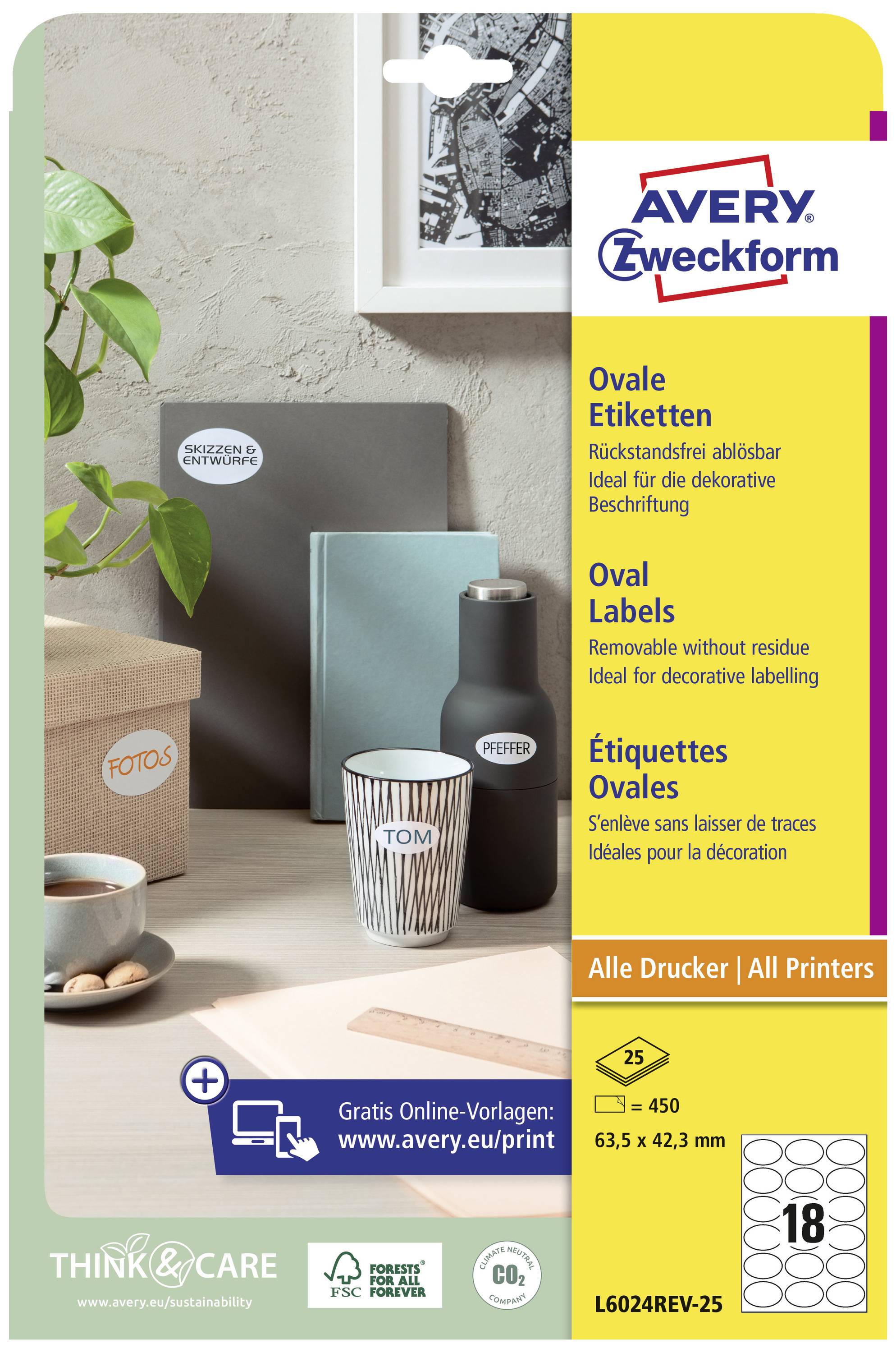 Ovala etiketter, Avery Zweckform, 63,5 x 42,3 mm, passar alla skrivare, L6024REV-25. Innehåller avtagbara etiketter för dekoration.