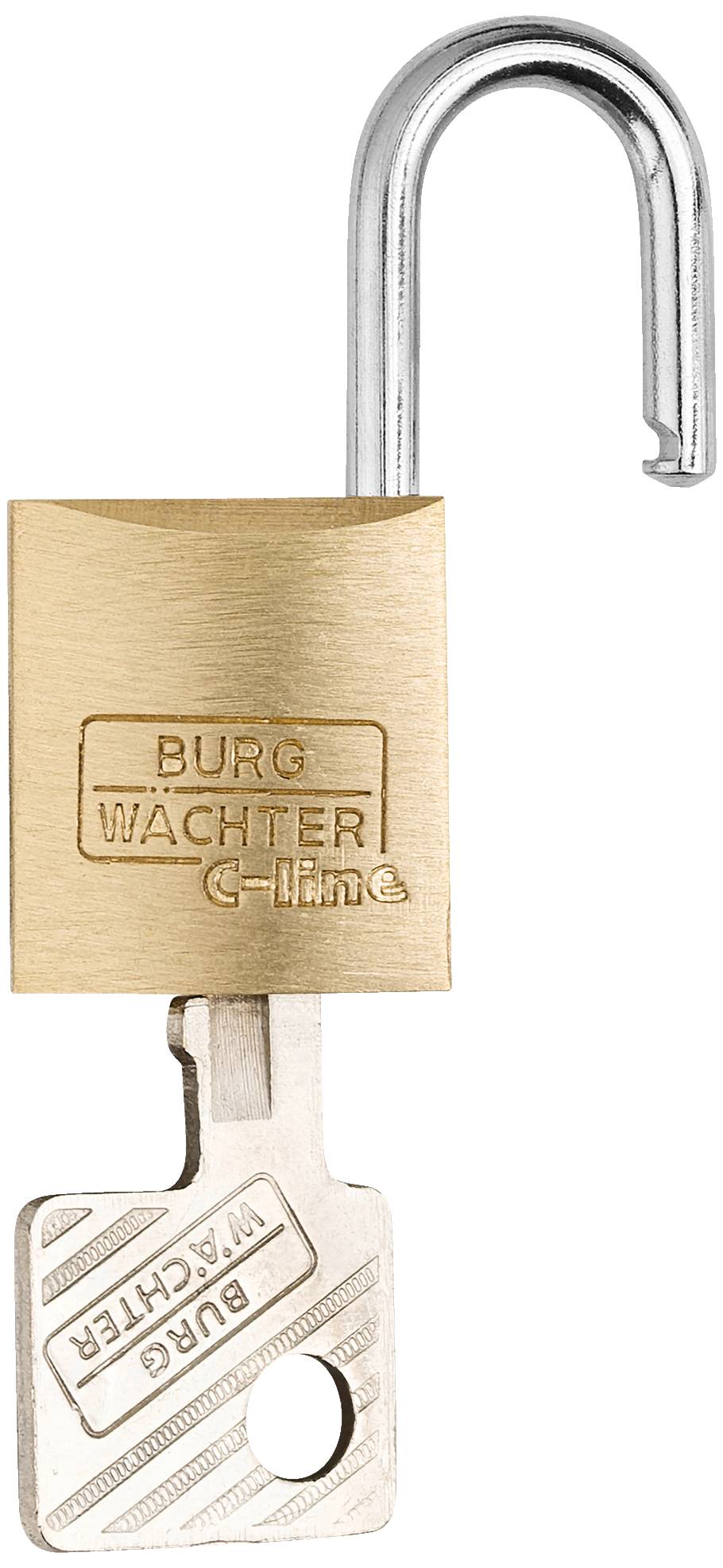 Ett öppet hänglås av mässing med inpräglad text 'Burg Wächter'. Nyckeln sitter i låset, som är öppet.