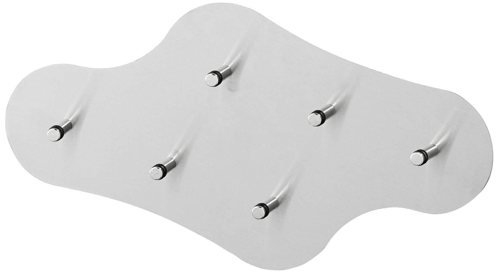 En vågformad väggfäste med sex jämnt fördelade, utstickande metallpinnar för att hänga föremål.