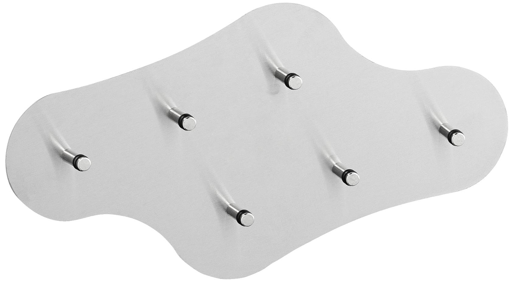 Silverfärgad väggkrok med sex krokar på vågformad platta. Perfekt för upphängning av kläder eller accessoarer.