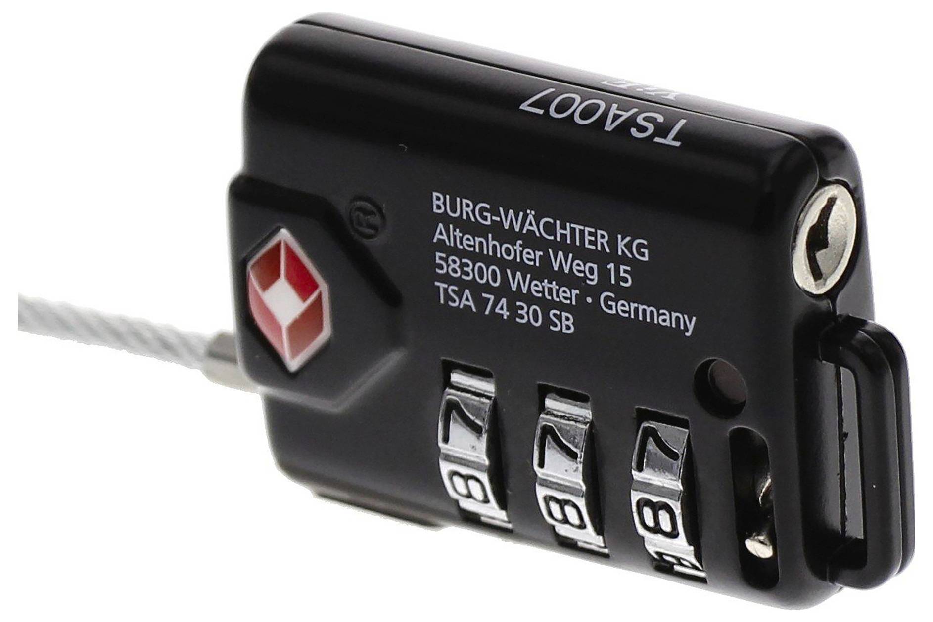 Svart låskombination med kabelögla, fyrsiffer-kod '8787', text: 'BURG-WÄCHTER KG, Altenhofer Weg 15, 58300 Wetter, Germany'.