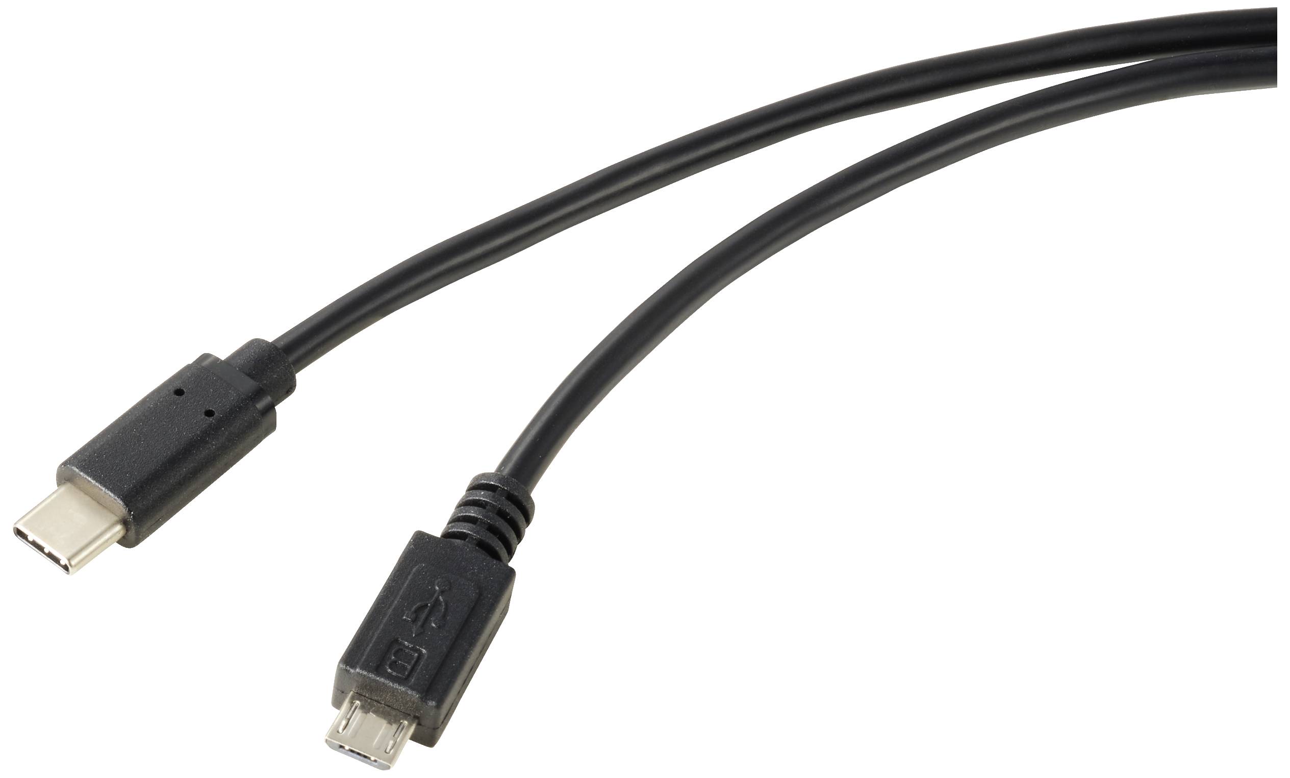Ett svart USB-kabel med en USB-C-kontakt i ena änden och en Micro-USB-kontakt i den andra änden, framför en vit bakgrund.
