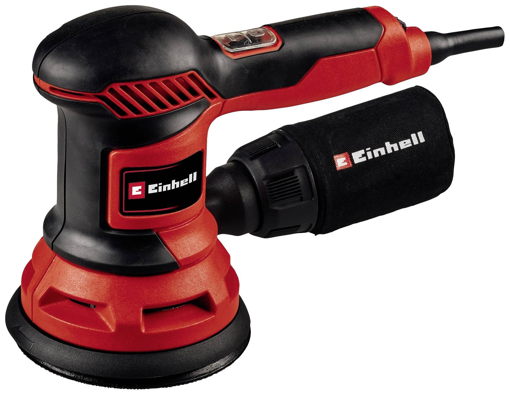Excenterslipmaskin i rött och svart, med Einhell-logotyp, lämplig för slipning av ytor, tydlig i produktdesignen.