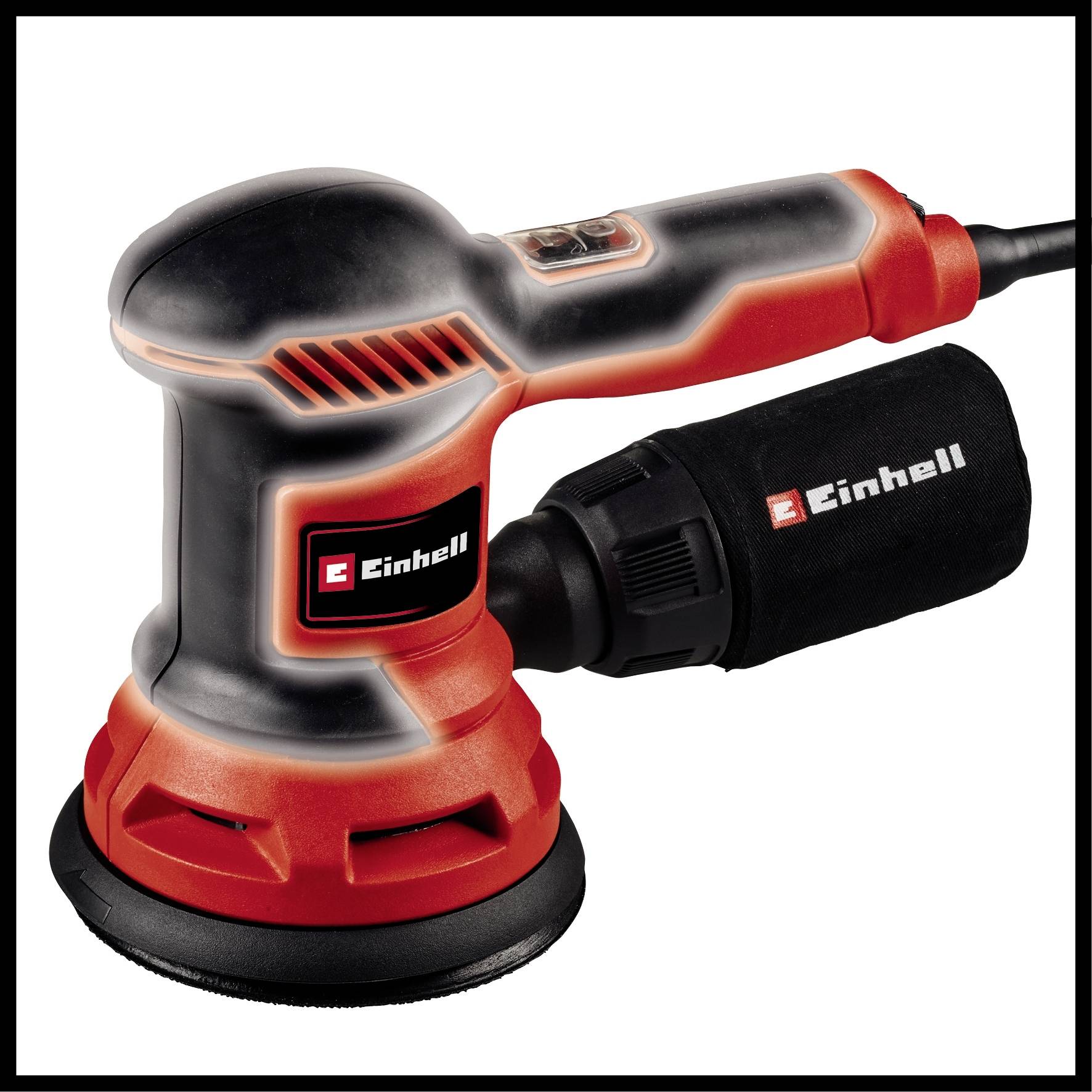 Röd och svart elektrisk slipmaskin från Einhell med dammuppsamlingspåse, mot vit bakgrund.