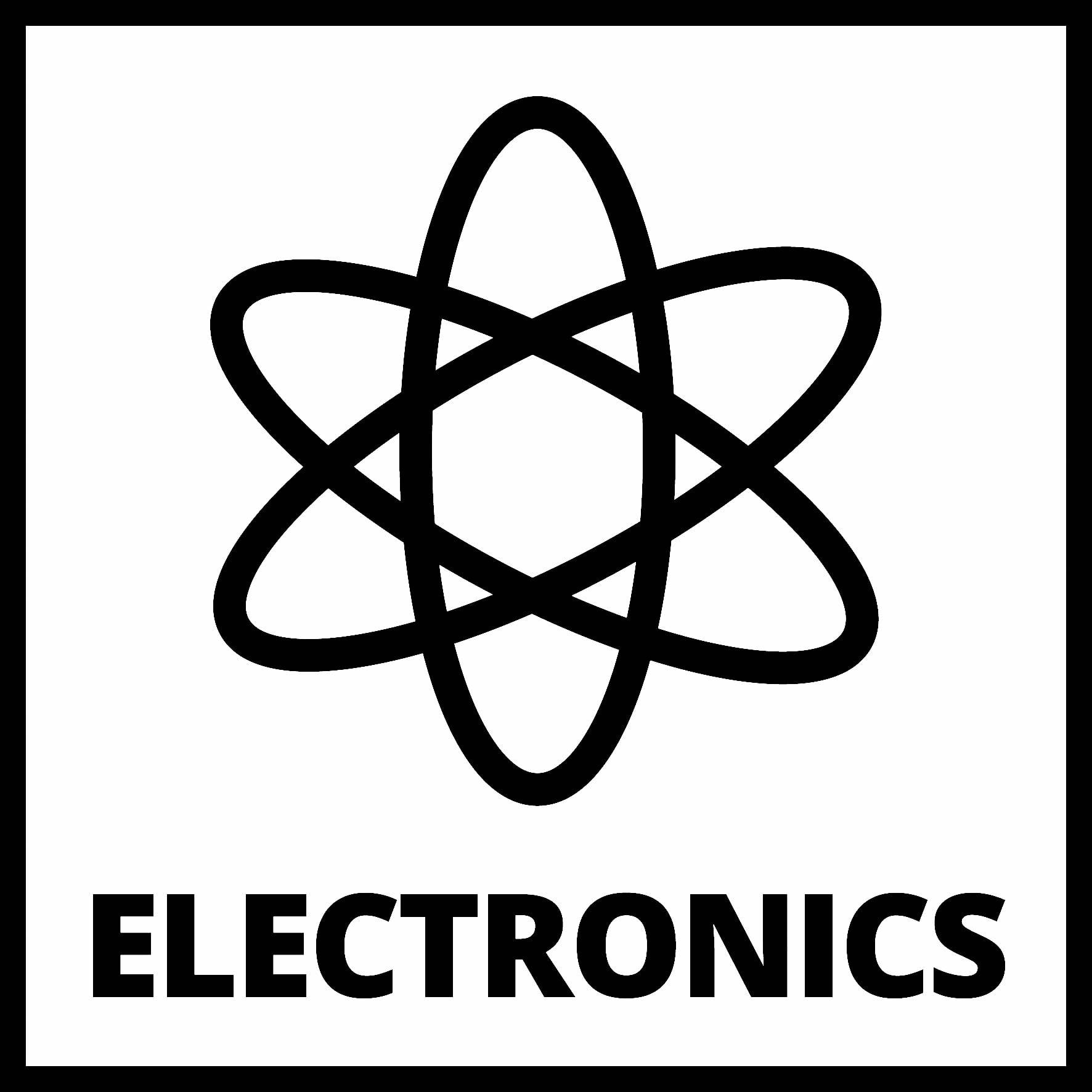 'Electronics'-logotyp med ett stiliserat atomsymbol i mitten.