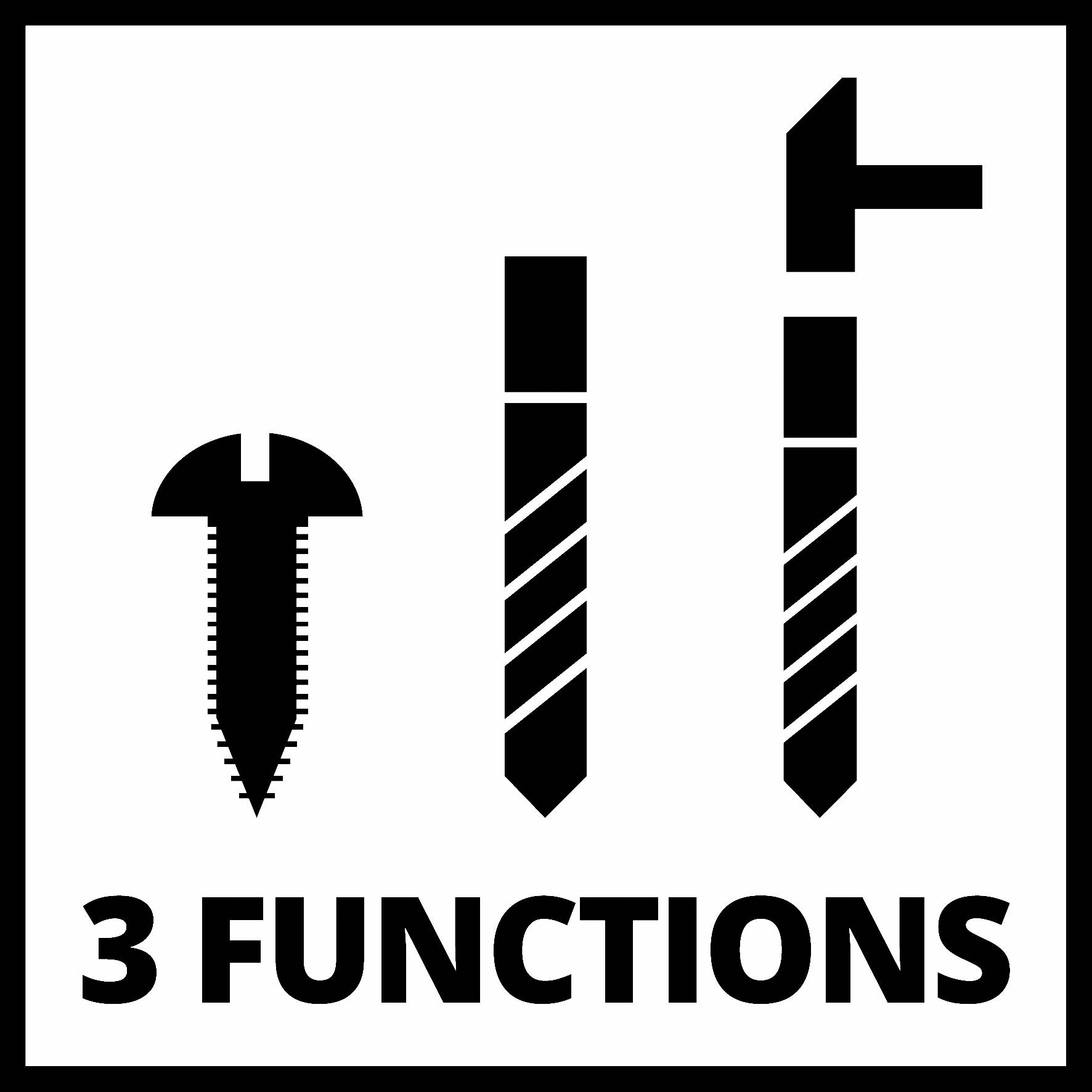'Tre funktioner': Bilden visar tre symboler som representerar olika verktyg eller funktioner. En skruvmejselsymbol, en cylinderformad symbol och en L-formad symbol.