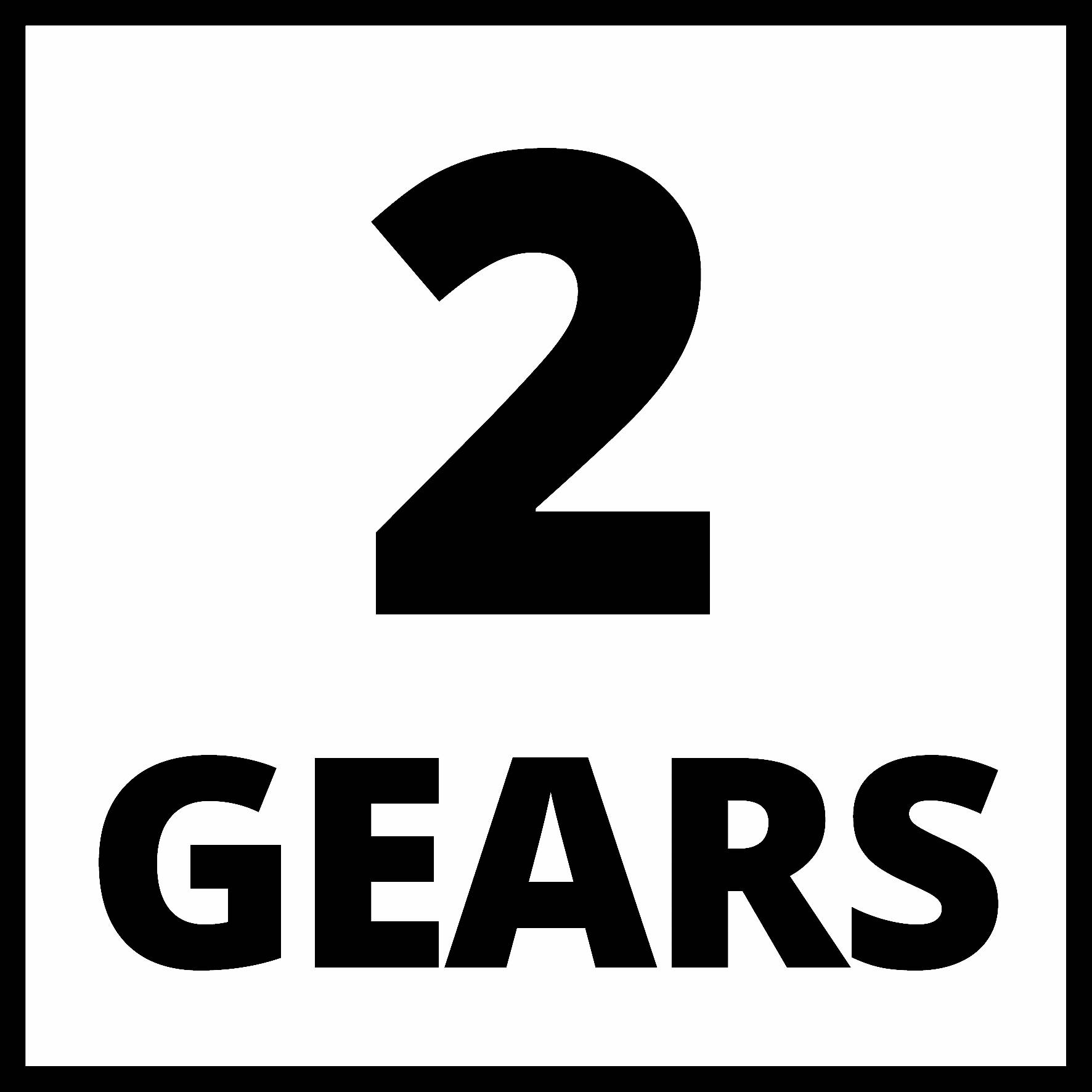 "2 Gears" i svart text på vit bakgrund.