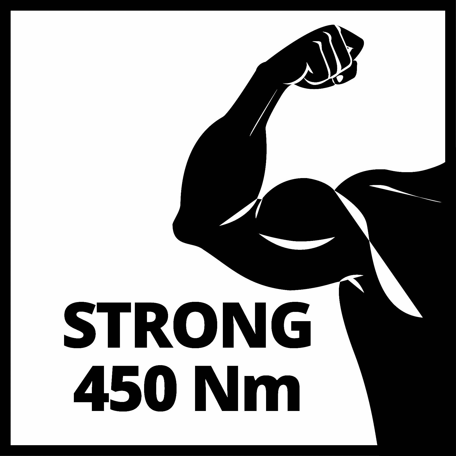 En stiliserad bild av en muskulös arm, ackompanjerad av texten 'STRONG 450 Nm', som indikerar hög prestationsförmåga.