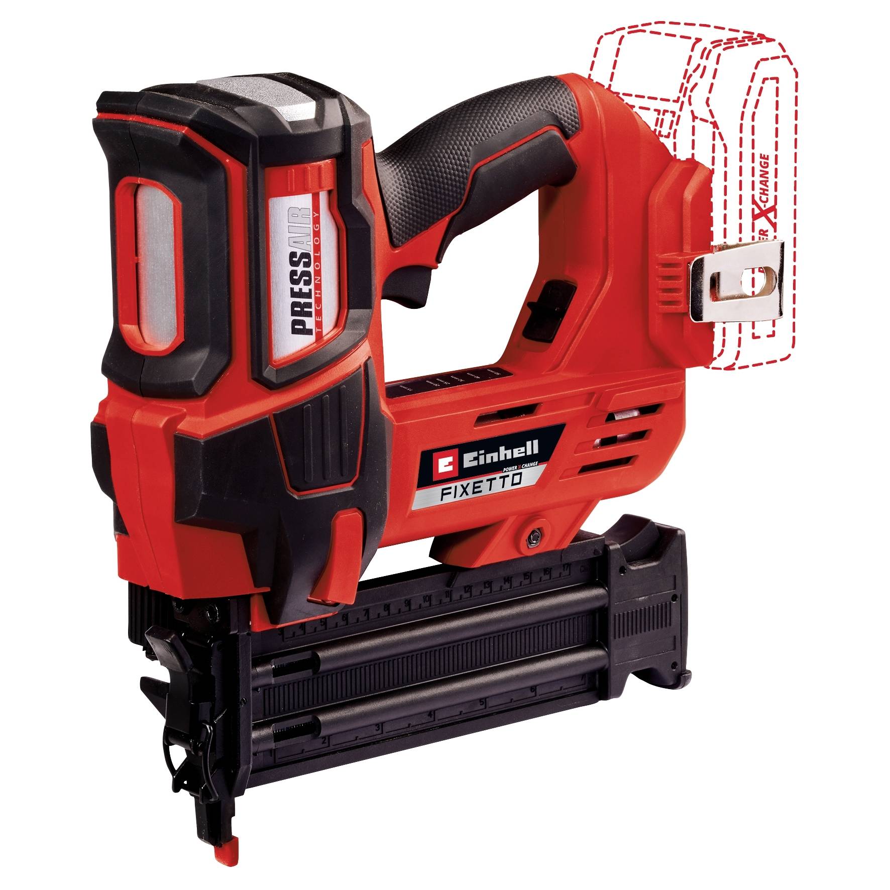 En röd batteridrivet spikpistol från märket Einhell, modell 'FIXETTO', med ergonomiskt handtag och utan isatt batteri.