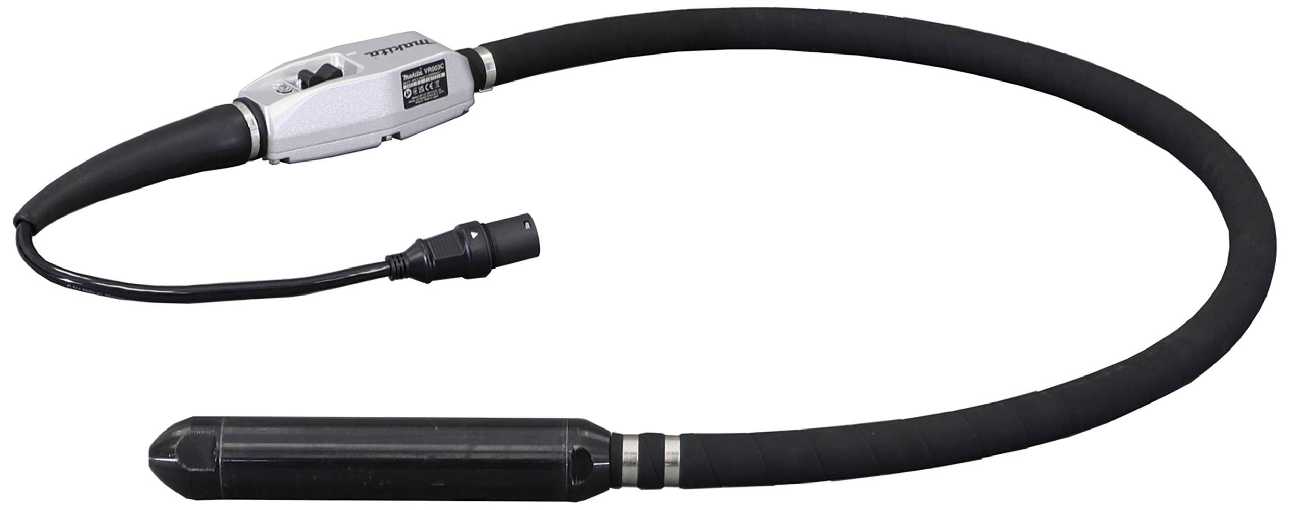 En bärbar betongvibrator med svart slang och metallvibrationshuvud; används för att packa betongblandningar.