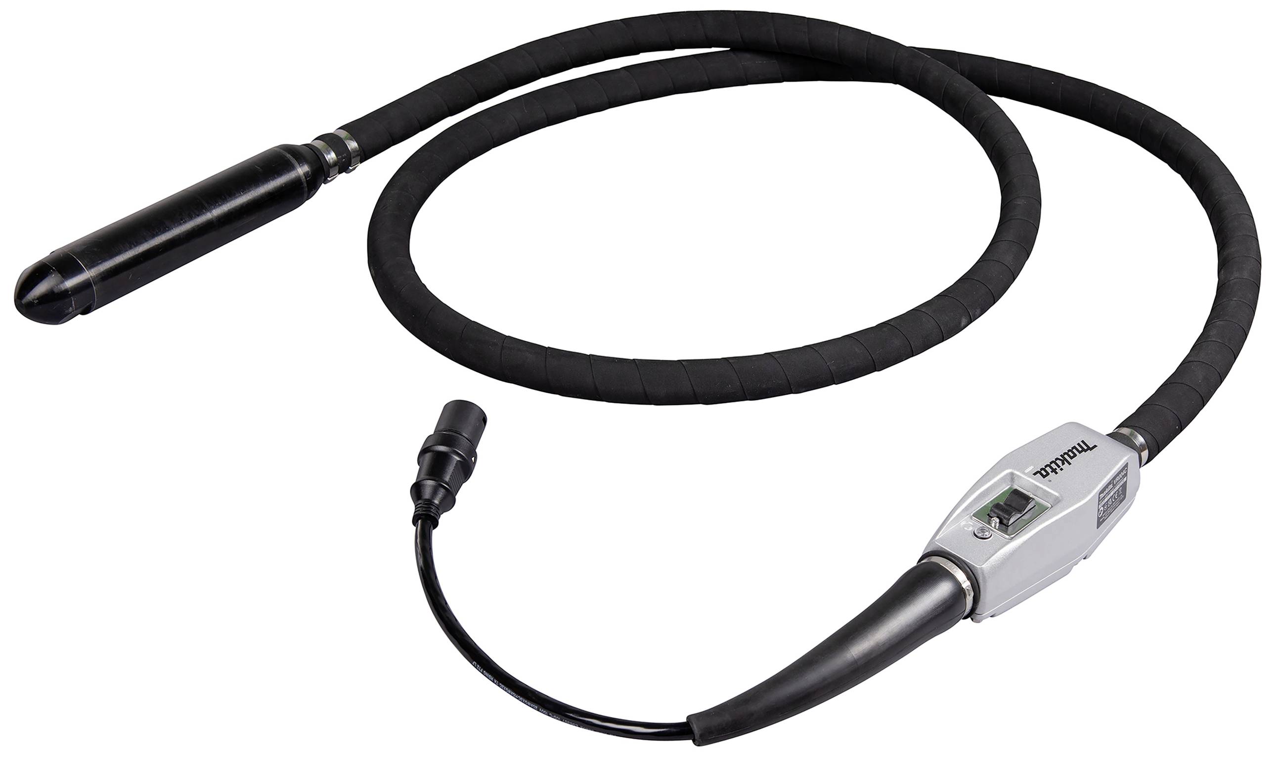 En vibrator med flexibel slang och motor, använd för att komprimera betong. En anslutningskabel är också synlig.