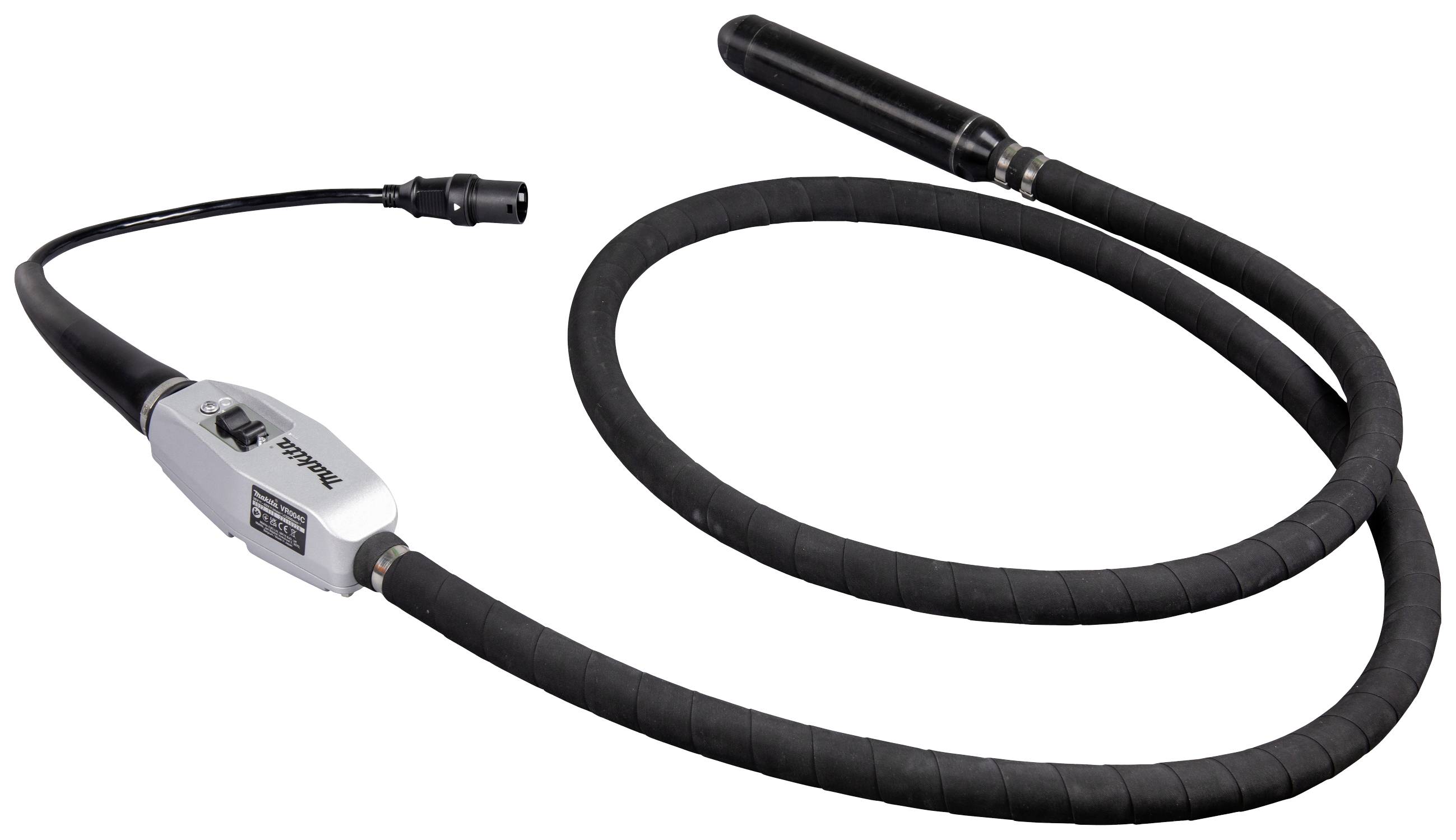 Elektrisk betongvibrator med svart, avlång vibrationshuvud och lång kabel, för kompaktering av nygjuten betong.