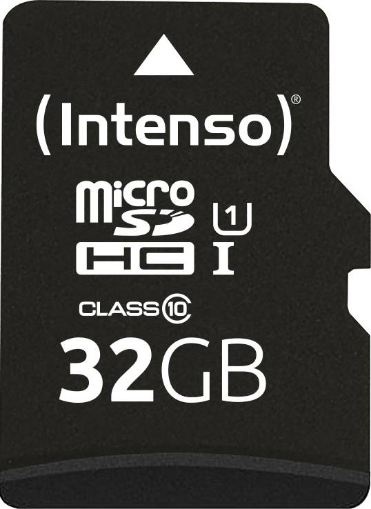 Mikro-SD-kort från Intenso, 32 GB, Class 10, lämpligt för hög hastighet och kapacitet. Kompatibelt med olika enheter.