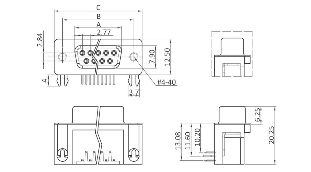 Teknisk ritning av en elektrisk kontakt: dimensioner och vyer framifrån, ovanifrån och sidosektion med etiketter.