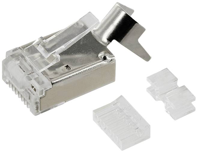 En omonterad RJ45-kontakt med metallhölje, lämplig för nätverkskablage. Två genomskinliga lock för kabelfästning ligger bredvid.