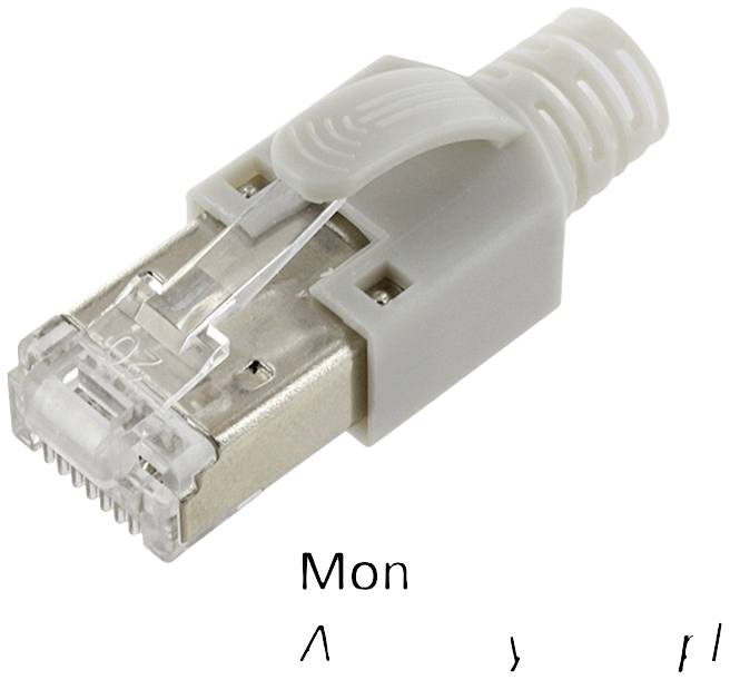 En silverfärgad RJ45-kontakt med grå böjningsskydd, avbildad på vit bakgrund. Under denna syns oläsliga tecken.