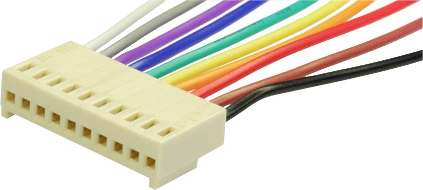 Elektrisk 10-polig kontakt med färgglada kablar i olika färger, avsedd för kabel- och monteringsändamål.