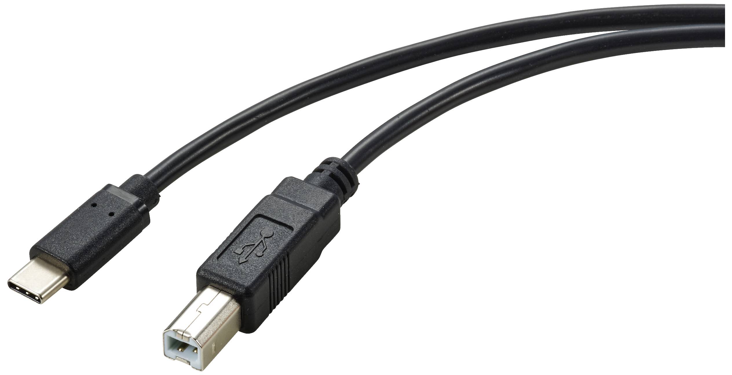 Två kablar, en med USB-C-kontakt och den andra med USB-B-kontakt, ligger bredvid varandra.