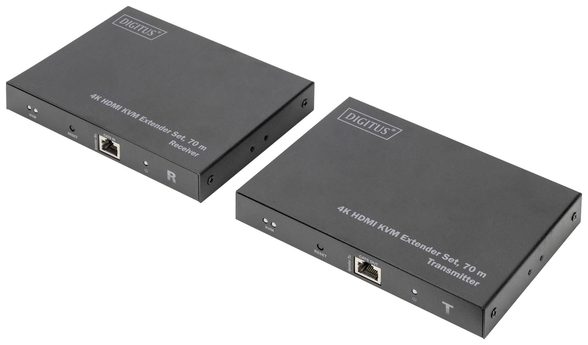 Två svarta 4K HDMI KVM-extenderenheter, vänster är receivern och höger är transmittern, båda med Ethernetanslutningar.