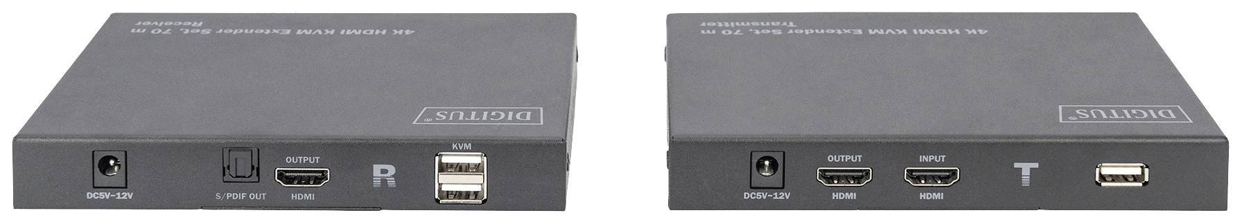 Två digitala videokonverterare med anslutningar för ström, HDMI och USB, var och en märkta med 'R' (mottagare) och 'T' (sändare).