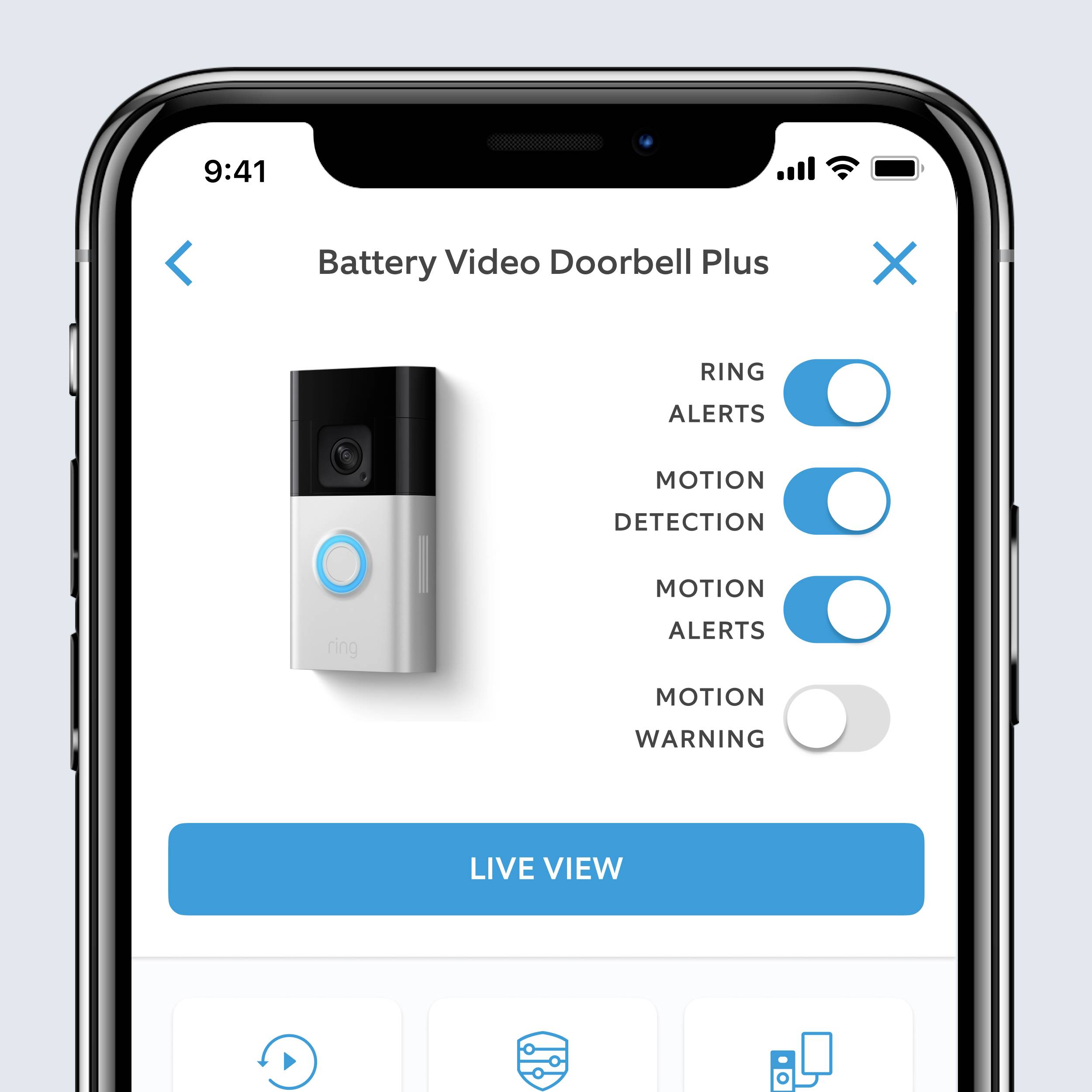 'Smartphoneskärm visar användargränssnittet för en video-dörrklocksapp med aktiverade inställningar för aviseringar och rörelsesensor.'