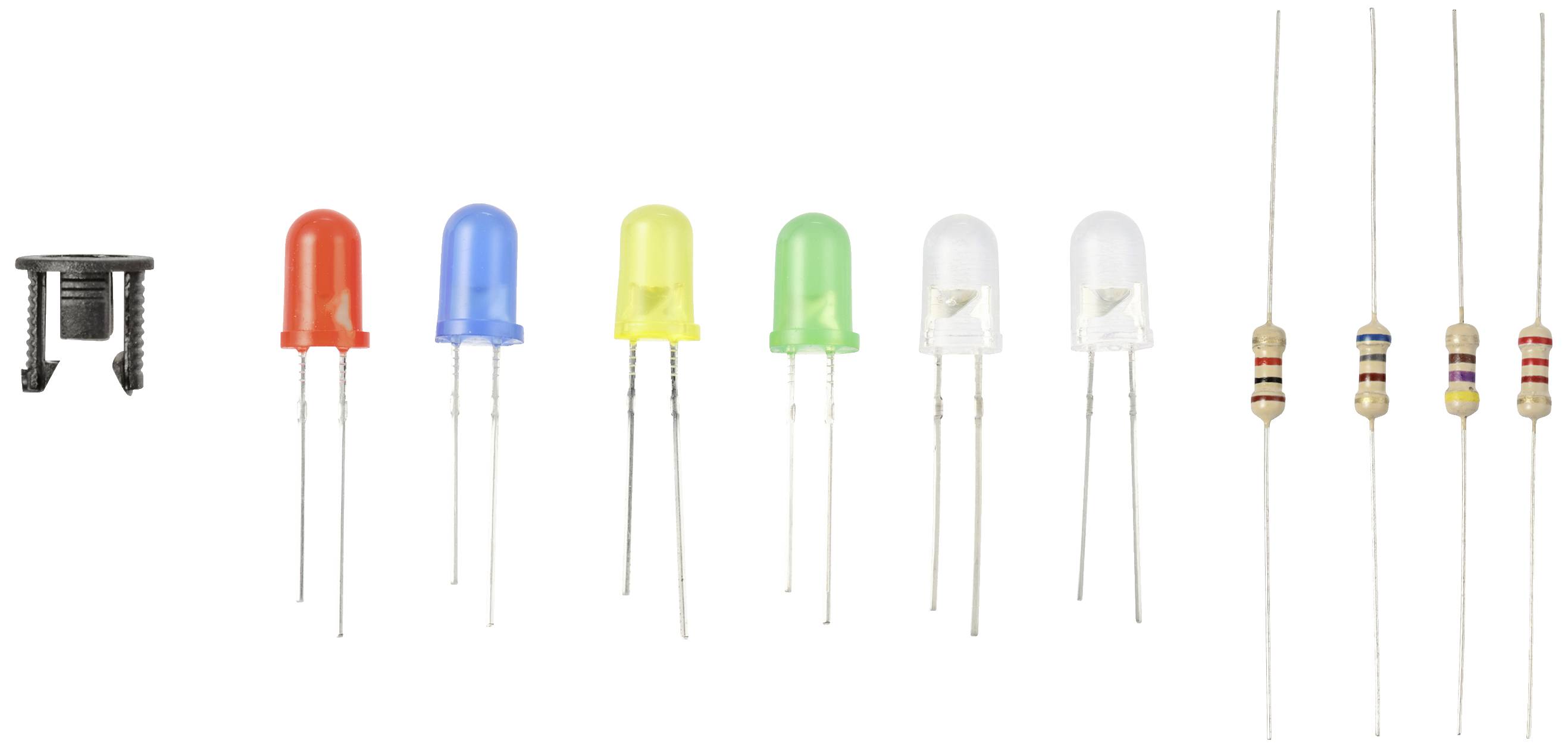 'En serie elektroniska komponenter: Svart klämma, röda, gröna, blåa, gula, transparenta LED-lampor och tre motstånd.'