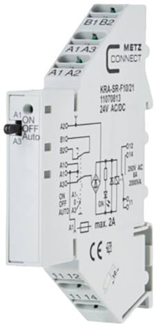 Ett koppelrelä från METZ CONNECT, modell KRA-SR-F1/021, visar kopplingskretsmarkeringar och effektdata. 24V AC/DC, max. 2A.