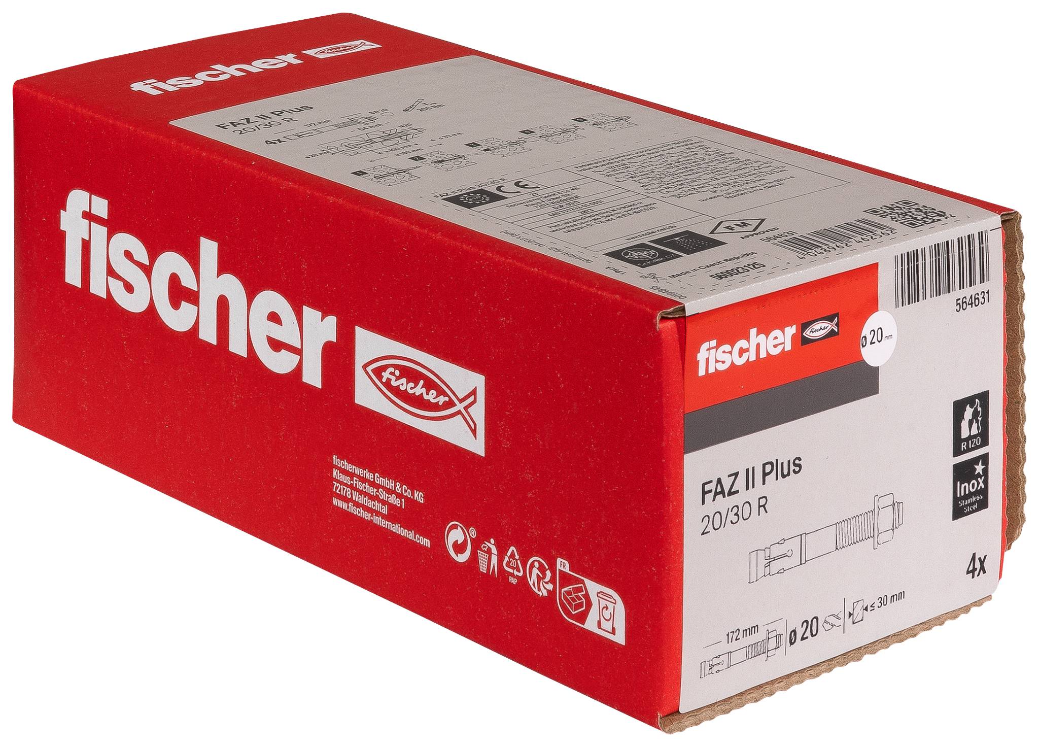 Red Fischer box of FAZ II Plus 20/30 R anchoring fasteners, labeled 4x on the front.<br><br>Röd Fischer-låda med FAZ II Plus 20/30 R förankringsfästelement, märkt 4x på framsidan.
