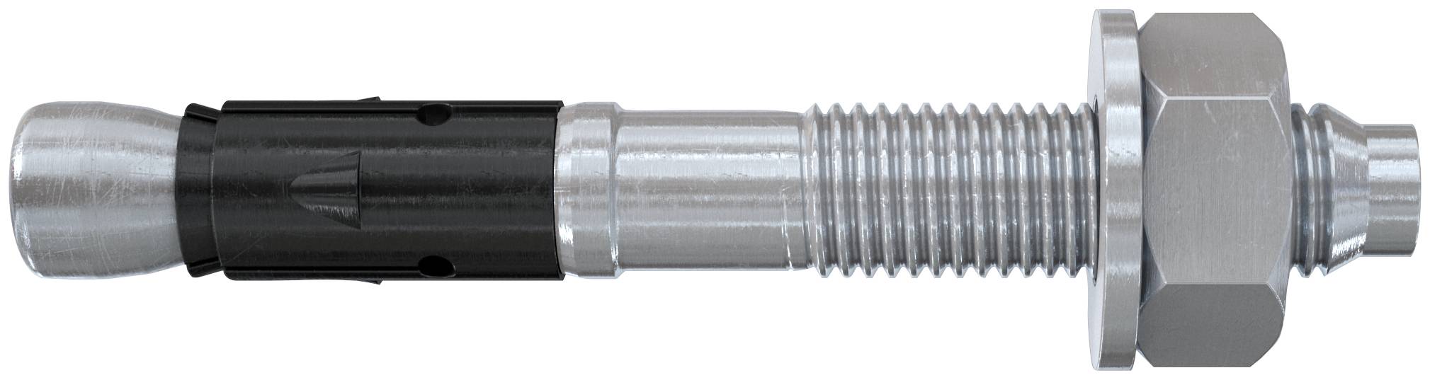Metalexpansionsankarbult med gängad skaft, sexkantsmutter och slitsad hylsa för fastsättning i murverk eller betong.