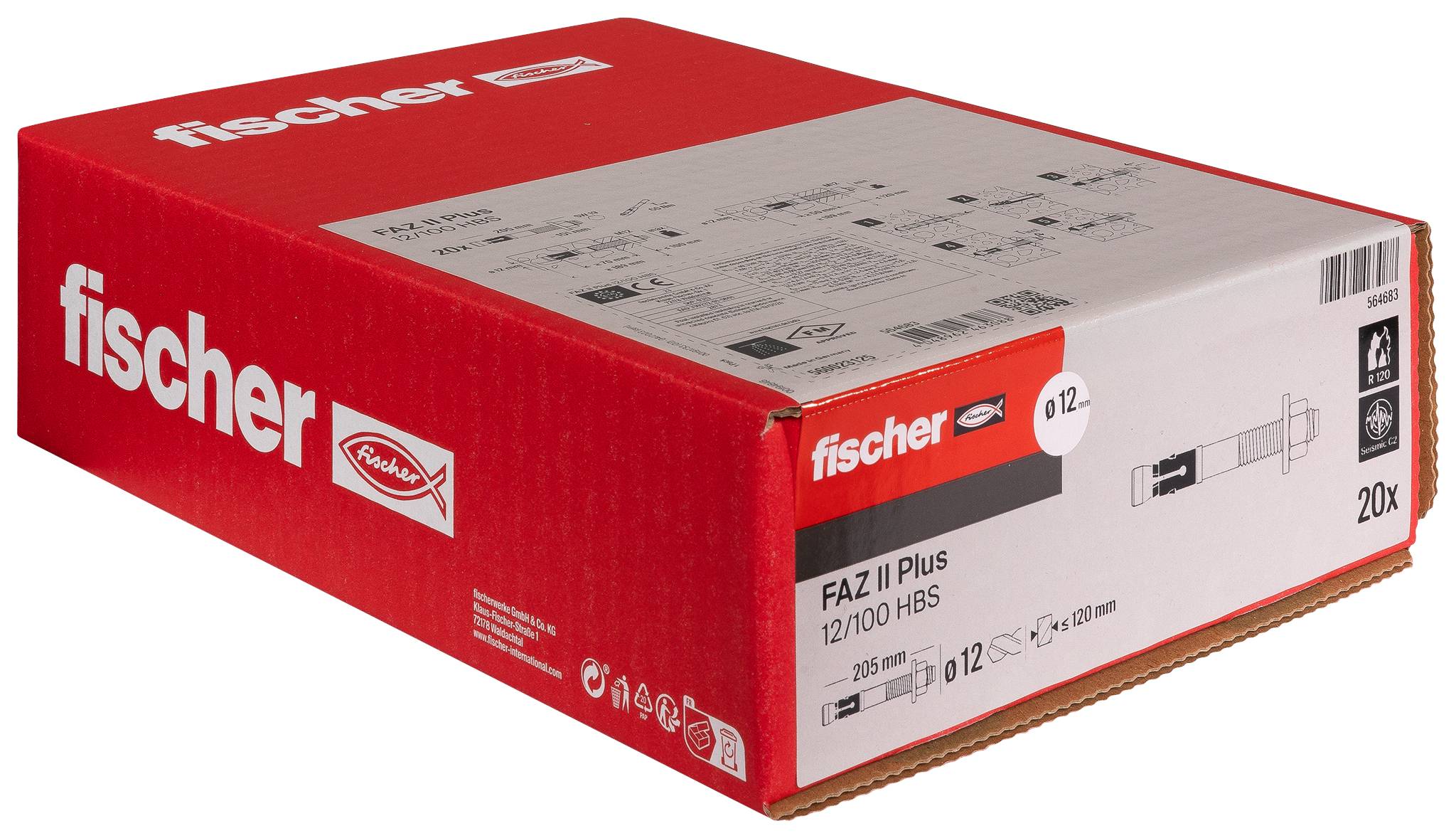 Röd Fischer-låda med Fischer FAZ II Plus ankarbultar, märkta med '12/100 HBS' och '20x', visad på vit bakgrund.