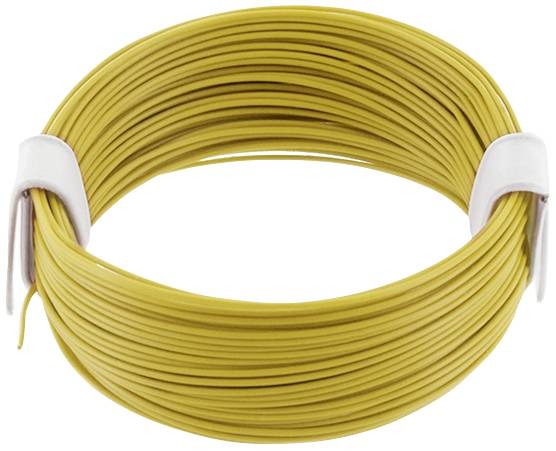 En gul plastslang med kabel, noggrant upprullad och säkrad med två vita kabelbindare.