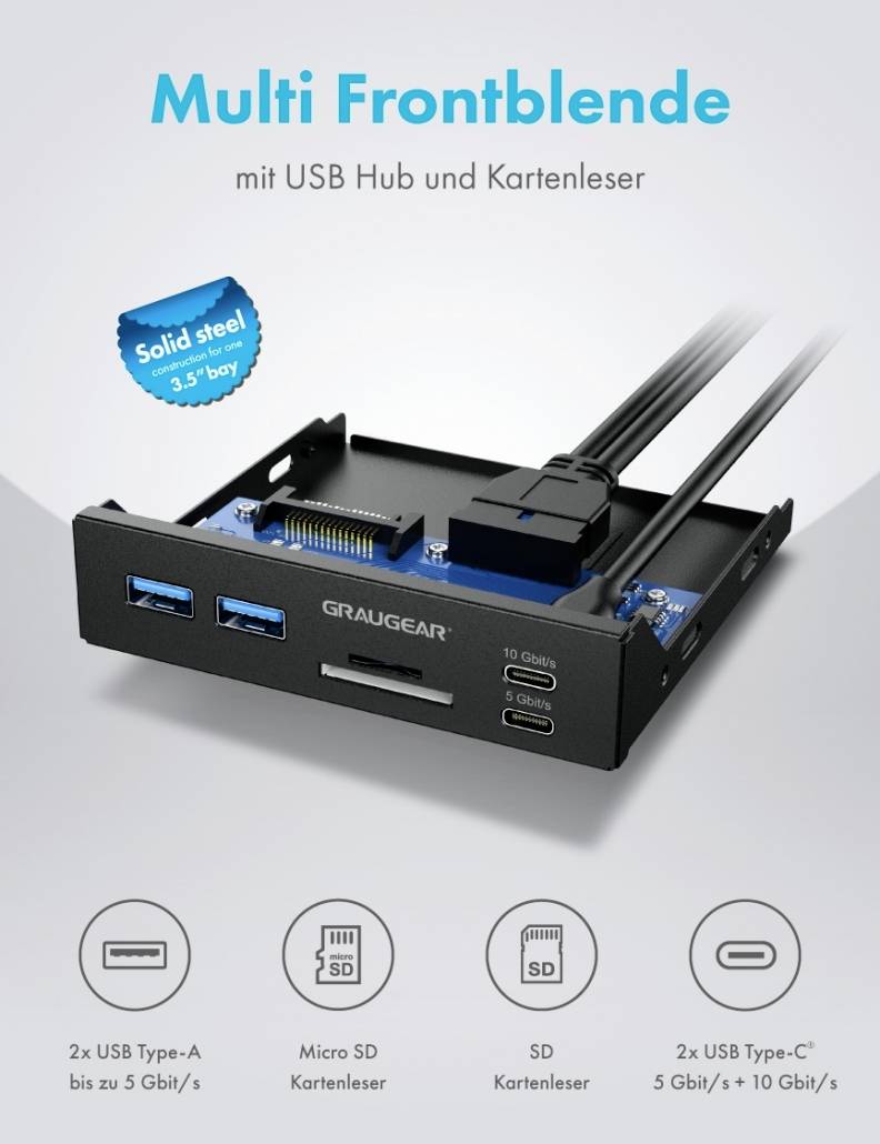 Ett USB-hubb- och kortläsarpanel, kompatibel med 3,5-tums enhetsfack. Innehåller två USB Type-A och två USB Type-C-portar.