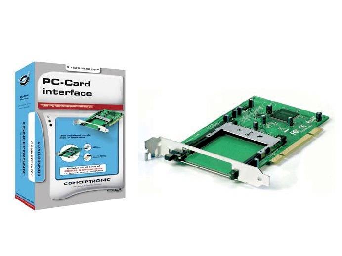 Ett PC-kortsinterfacet syns bredvid sin förpackning. Förpackningen framhäver kortets funktion för datorer.