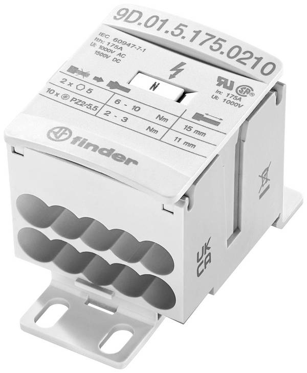 Finder 9D.01.5.175.0210 Fördelare Vit 12-polig 16 mm² 175 A 1000 V/AC, 1500 V/DC Ledar-typ = L, N, PE
