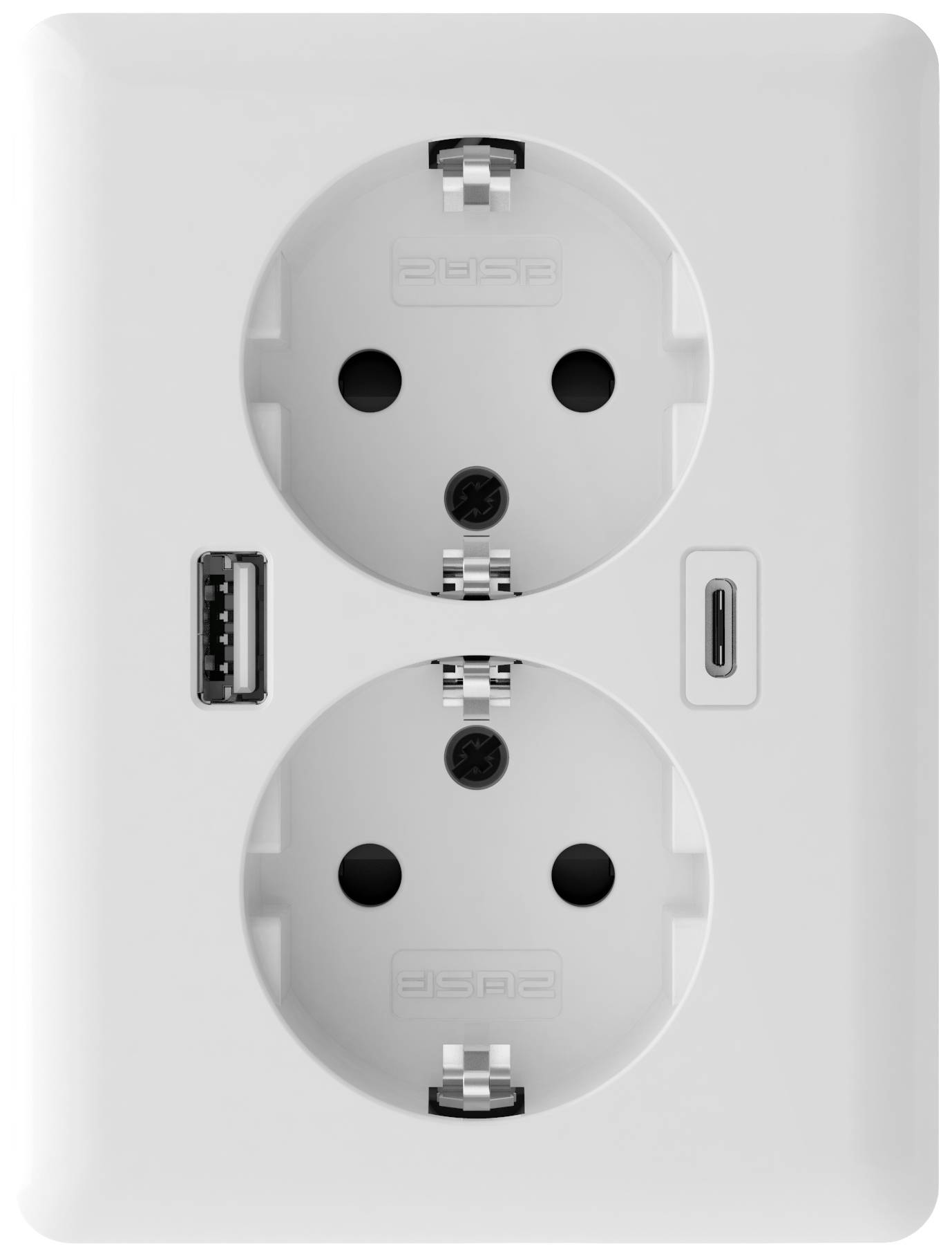 Dubbel vägguttag med USB-A och USB-C-portar i vit täckning.