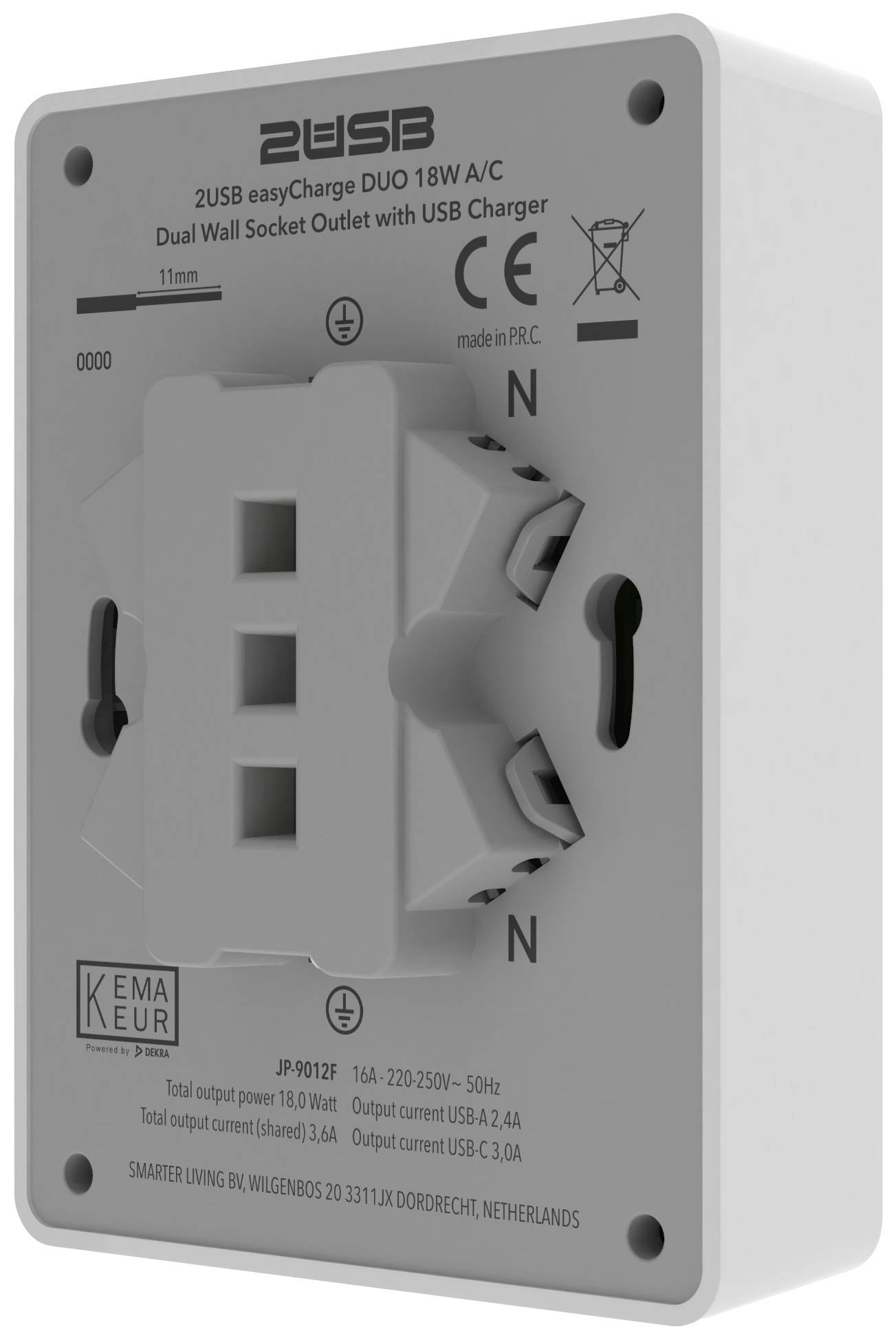 2USB Dubbel Vägguttag med USB-laddare, 18W A/C. 2 USB-utgångar, 220-250V, 50Hz. Tillverkare: Smarter Living, Nederländerna.