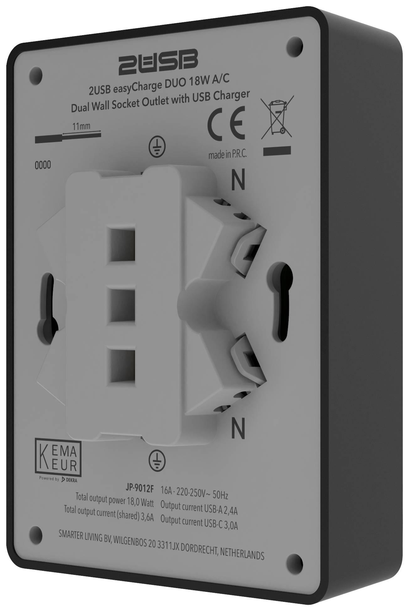 '2USB easyCharge DUO 18W A/C' Vägguttag med USB-laddare, 16A, 220-250V, två USB-portar, max effekt 18W.