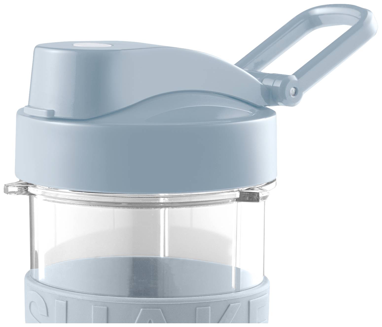 Blå dryckesmugg med klart siktfönster och avtagbar lock. Krok på vikbart lås för enkel fastsättning.