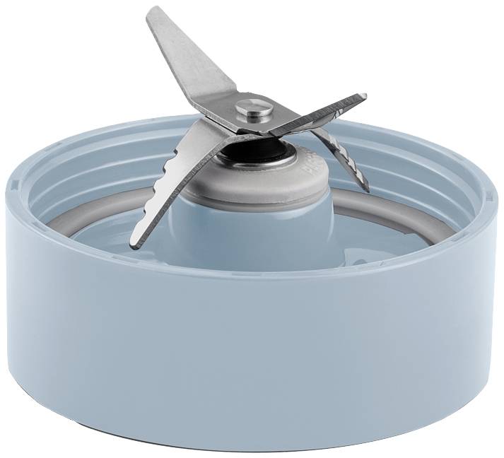 Ett mixerblad i ett grått plastfodral som visar en korsformad metallklinga.