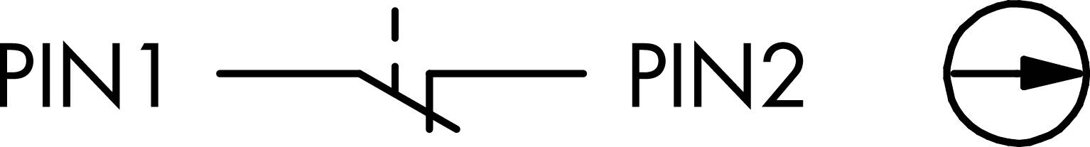 Kretsschemasymbol för en transistor: PIN 1 och PIN 2 förbundna med en pil i en cirkel, visar strömflödesriktning.